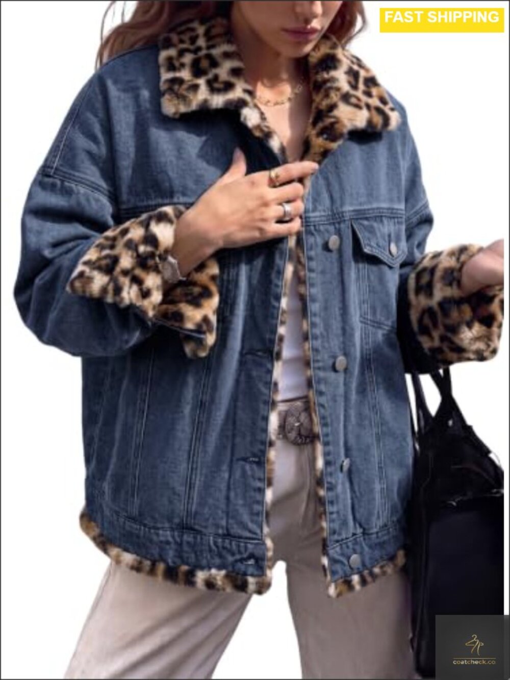 Dokotoo Leopard Sherpa Fleece Lined Oversized Denim Jacket